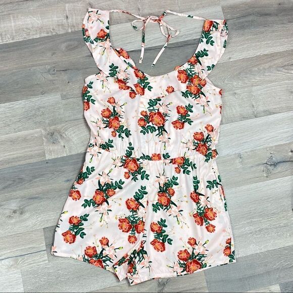 Roxy Cloud Floral Ruffle Open Back Romper Peach Pink Medium Sleeveless - Picture 13 of 15